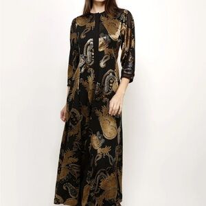 Lafayette 148 New York Elegant Black and Gold Sheer Paisley Maxi Dress Sz 12
